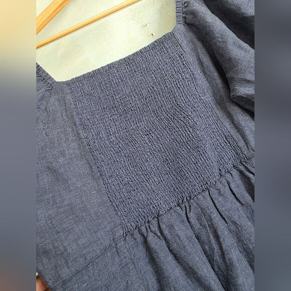 Garnet Hill Europe Linen Puff-Sleeve Midi Dress Chambray Tiered Smock Back Sz L - Picture 3 of 10